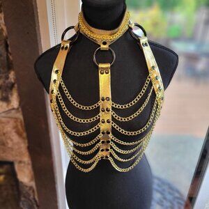 NWOT Leather and Chain Chest Harness Bra